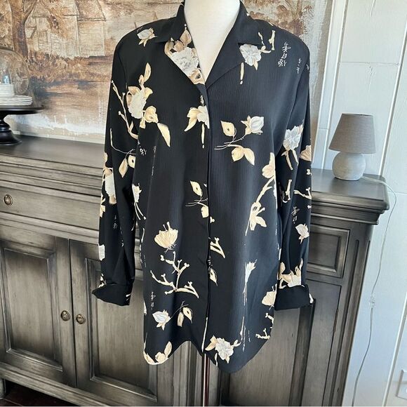 Vintage Christie & Jill Asian Buttoned Down Black Floral Blouse size Lg Grande - Picture 10 of 12